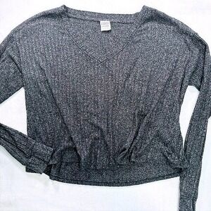 Victoria's Secret PINK Ribbed V-Neck Cropped Long Sleeve Top Grey Small
